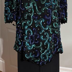 Laurence Kazar Embellished Green and Blue 3/4 Sleeve Blouse